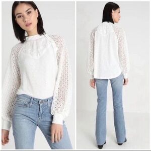 Free People Sweetest Thing embroidered lace sleeve top S white